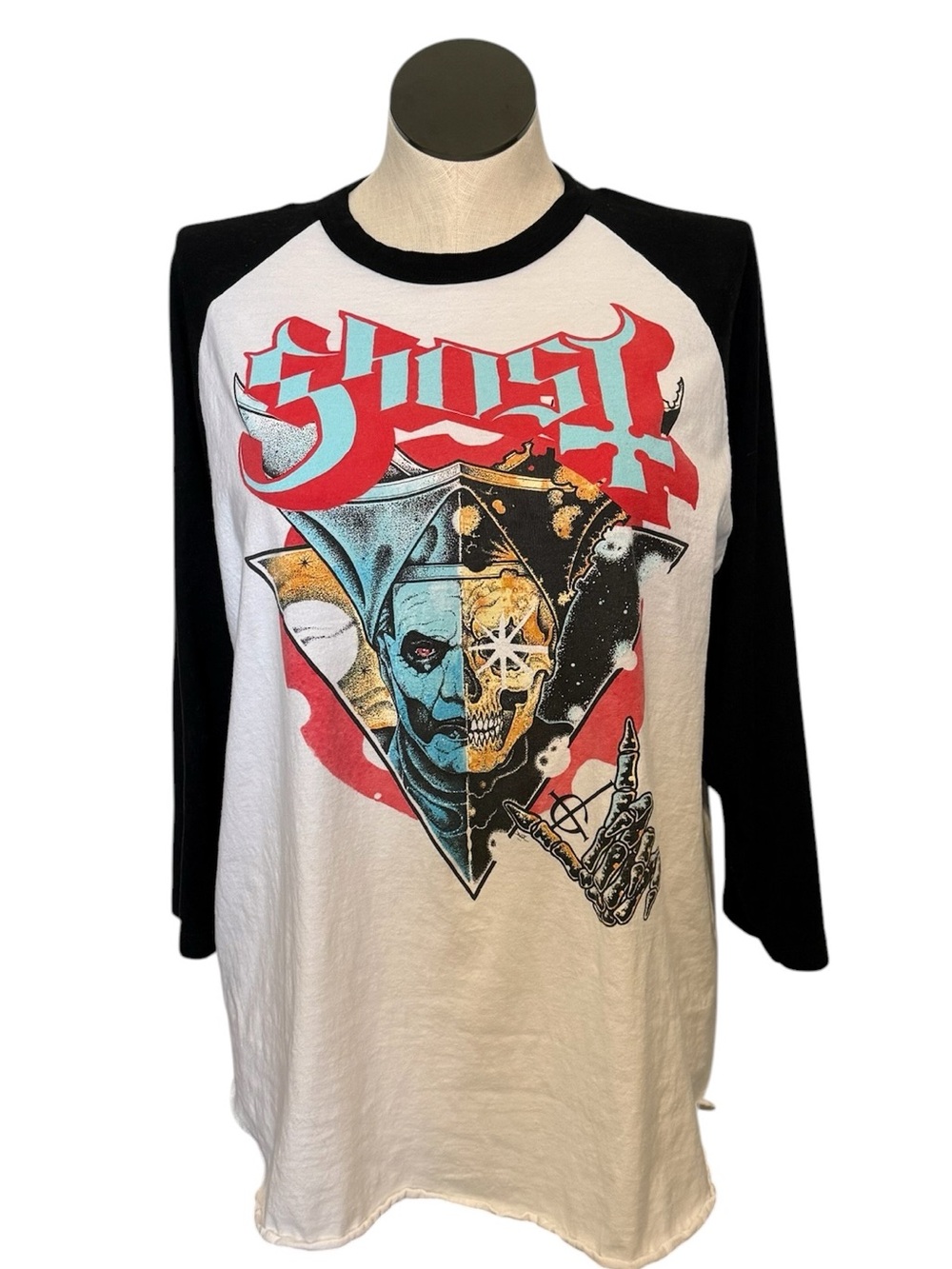 Ghost Graphic Raglan Long Sleeve Tee — White with Black Sleeves